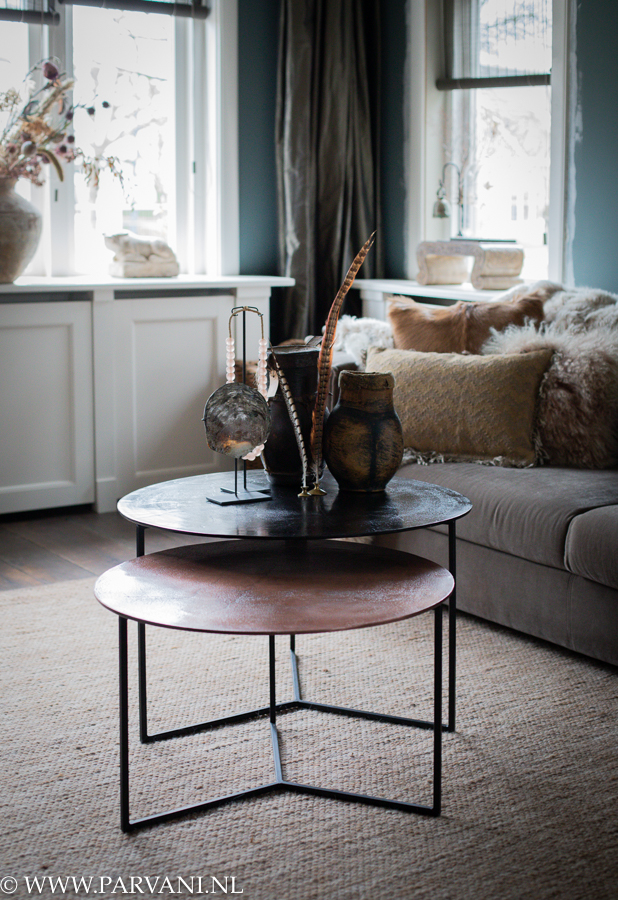 Set salontafels rond ijzer zwart en koper
