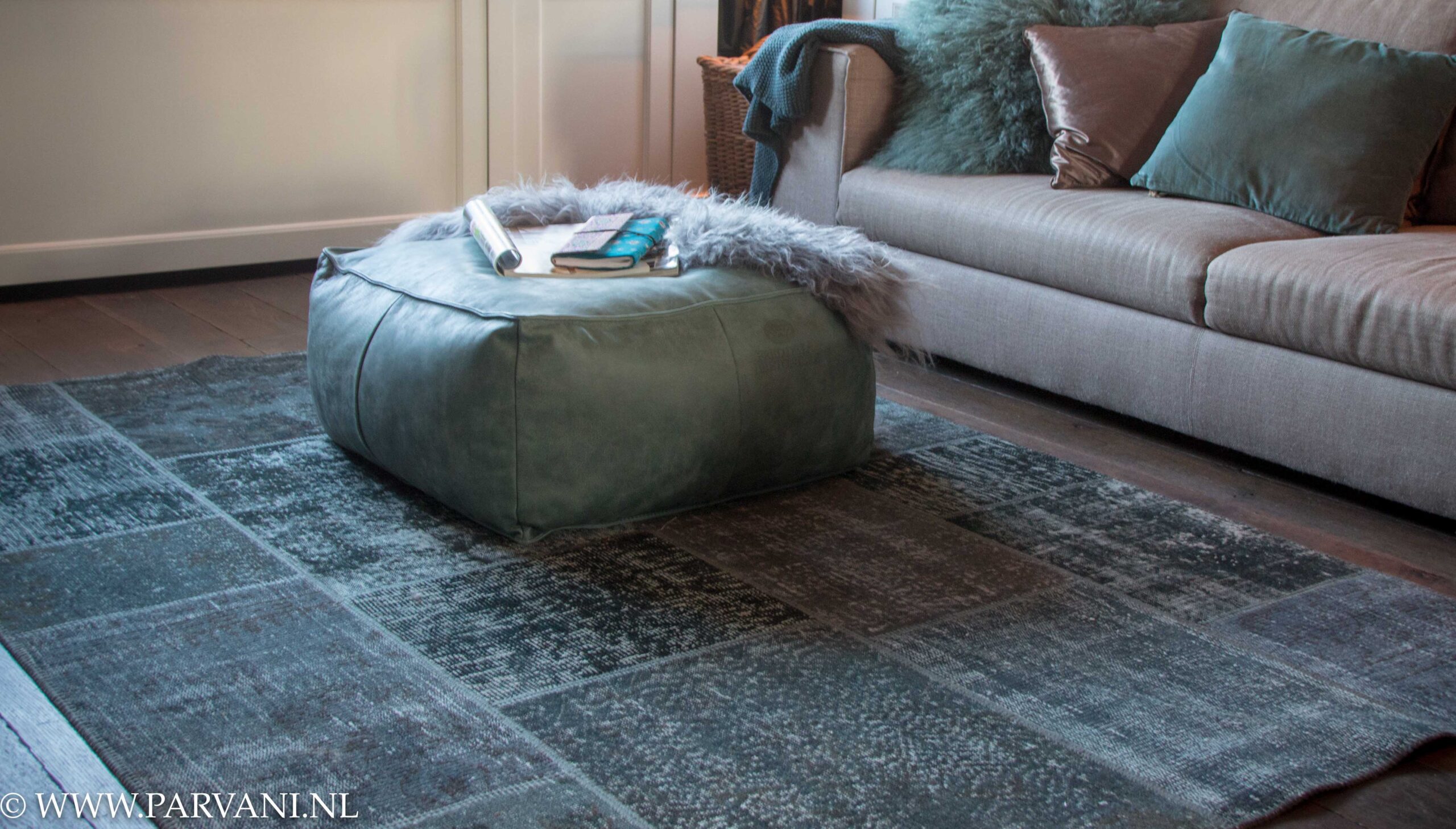 Vintage patchwork tapijt groen petrol
