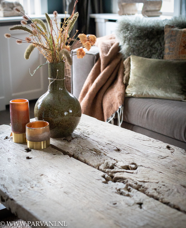 Grof houten tafelblad salontafel met stalen poot